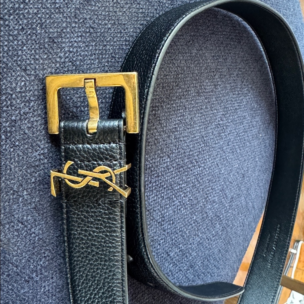 Yves Saint Laurent Black Leather Belt with Gold Logo Buckle